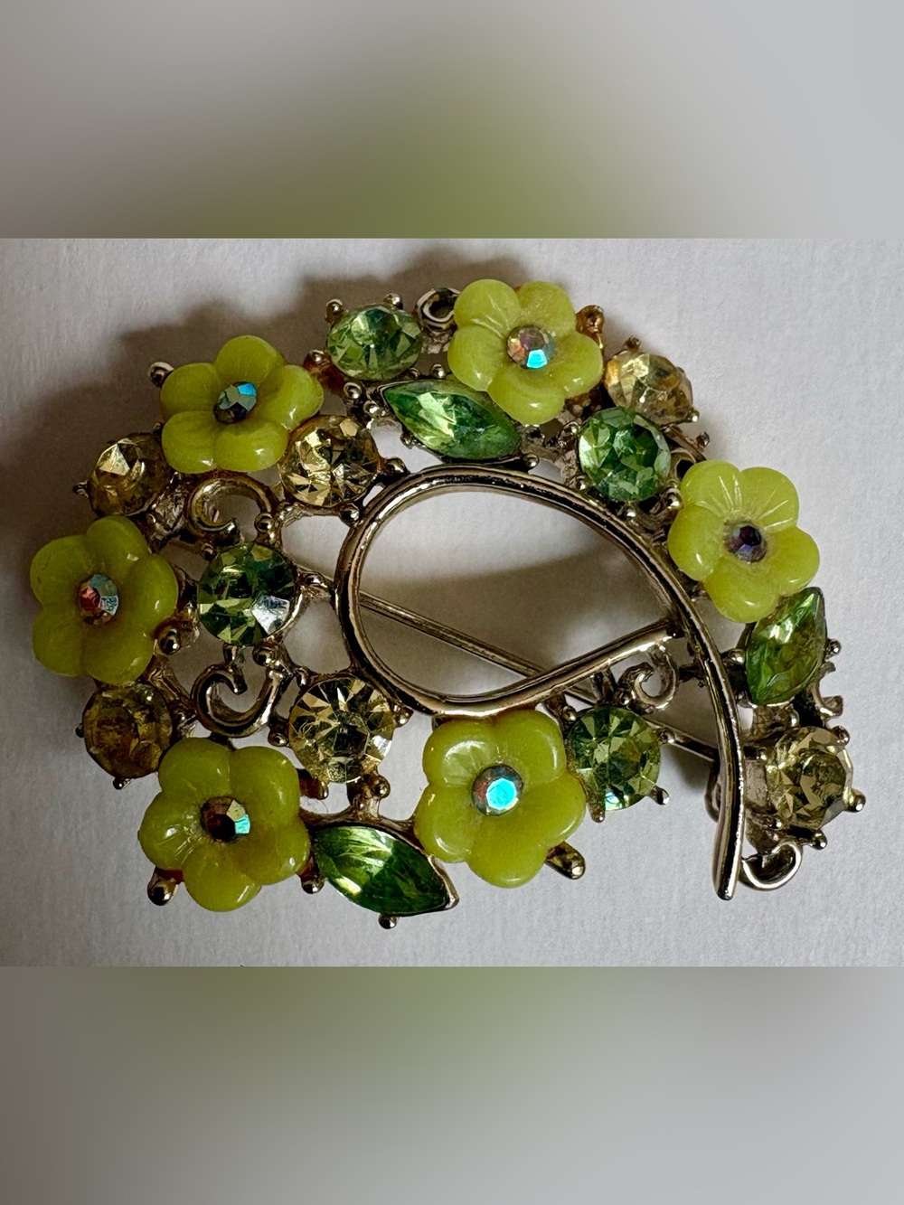 Vintage BSK costume jewelry brooch lime green enamel flowers & green rhinestones